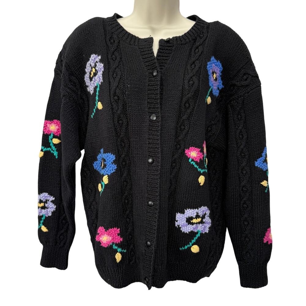 Vintage Northern Isles Womens Cardigan Sweater Black Flowers Size M Hand Knit